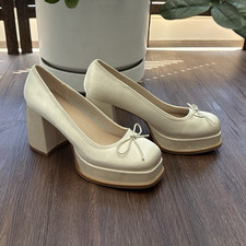 Women’s White Square Toe Bow Platform Block Heel Pumps Slip On US 8
