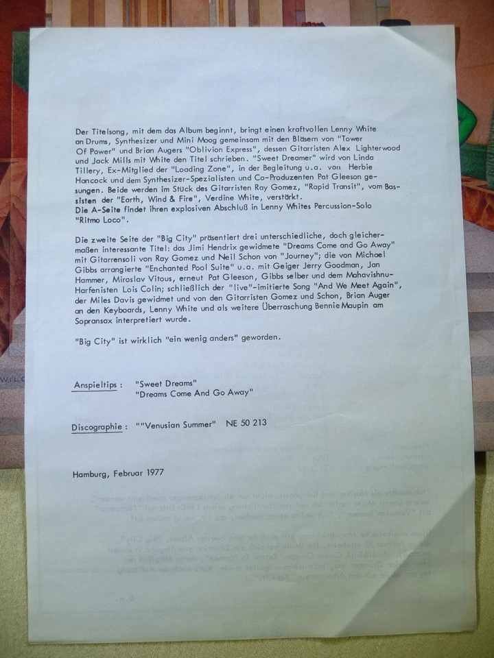 Lenny White – Big City  (Promotion Copy + Promo-Sheet, Unplayed) - Bild 3 von 4