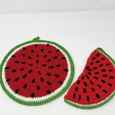 Vintage Crocheted Watermelon Slice Potholders, set of two 1970's HandMade