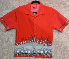 Vintage JNCO M Fire Red Flame Skull Tee Shirt USA Wrap Around Button Up Collared