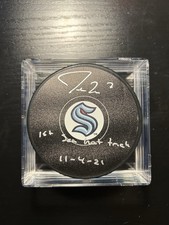 Jordan Eberle Autographed & Inscribed Hockey Puck “1st Hat Trick” Kraken