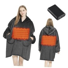 Heated Wearable Blanket Hoodie - with Battery Pack 35" x 35" standard Grey