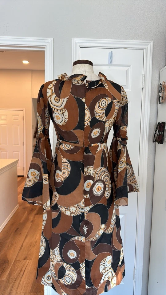Handmade Vintage psychedelic Print Bell Sleeve Midi Dress Sz M Brown Orange 70s - Image 2 of 4
