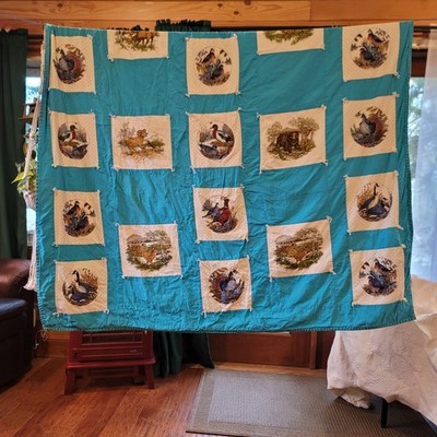 Vtg Hand Sewn Hunting Fishing Wildlife Themed Quilted Blanket Throw 52x69  Cabin