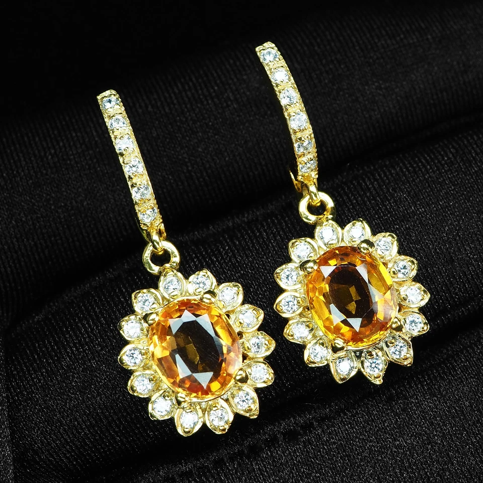 Pendientes de oro de 24 quilates de plata de ley 925 opulento zafiro amarillo dorado 4,20 quilates Foto 3 de 4