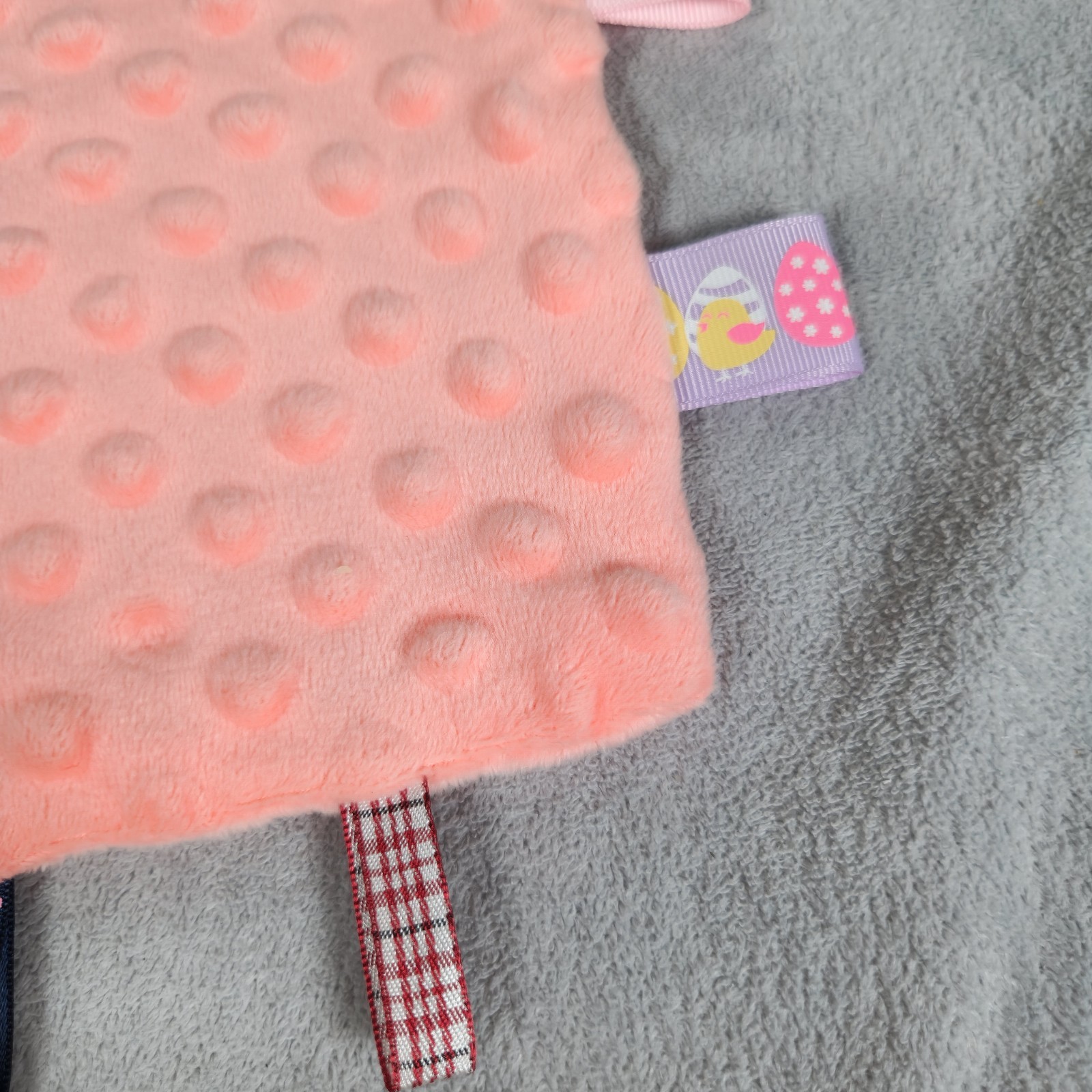 Insular Coral Minky Dots Velour Ribbon Tags Security Blanket Lovey 9x9.5"