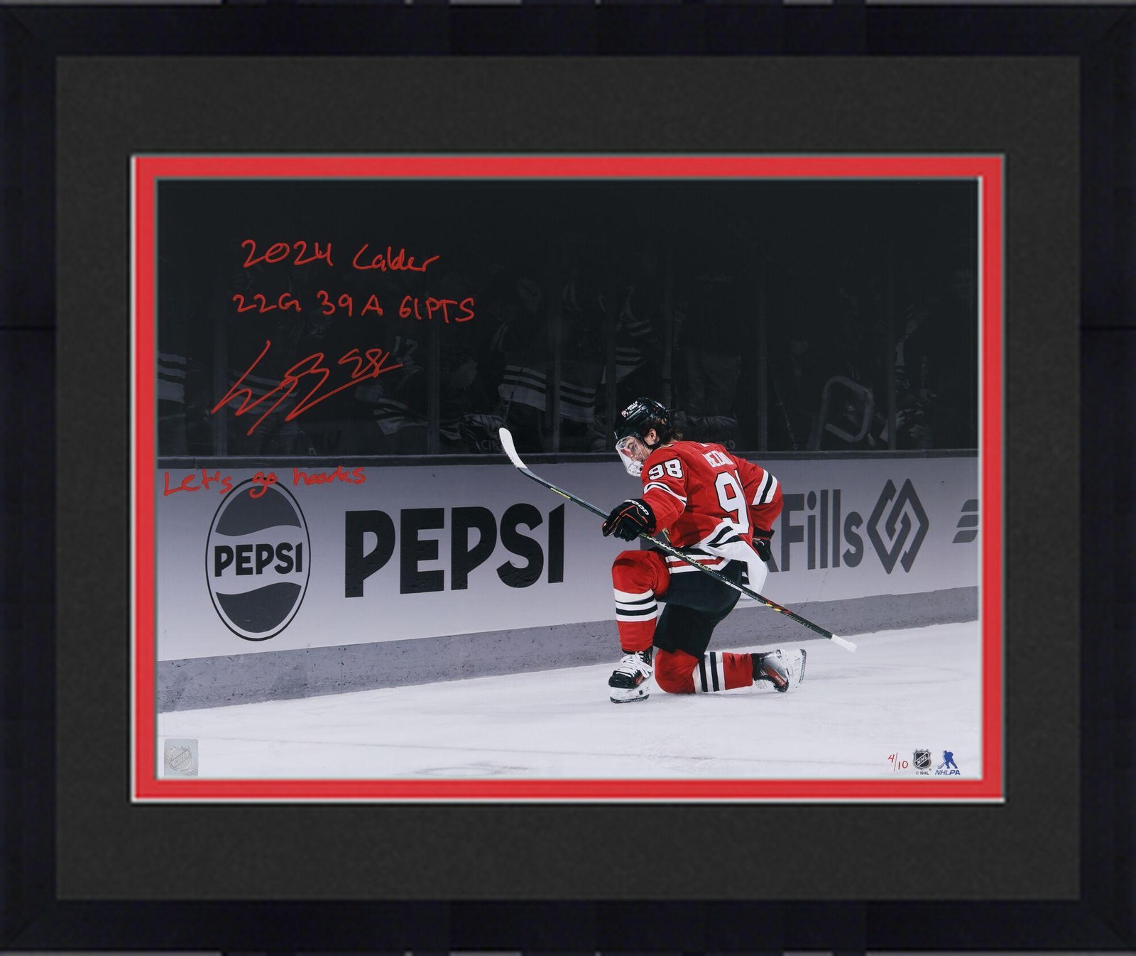 Connor Bedard Autographed Signed Chicago Blackhawks Framed Blackhawks 16x20 Celebration Photo w/Inscs - LE 10 