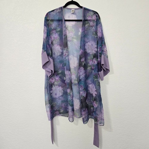 Floral Kimono Duster Lavender Purple Sheer Lightweight Cover Up One Size