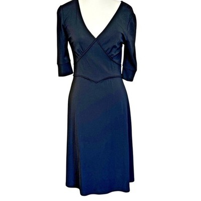 Boston Proper Fit & Flare Dress Women 4 Black V-Neck 3/4 Sleeve LBD Babydoll