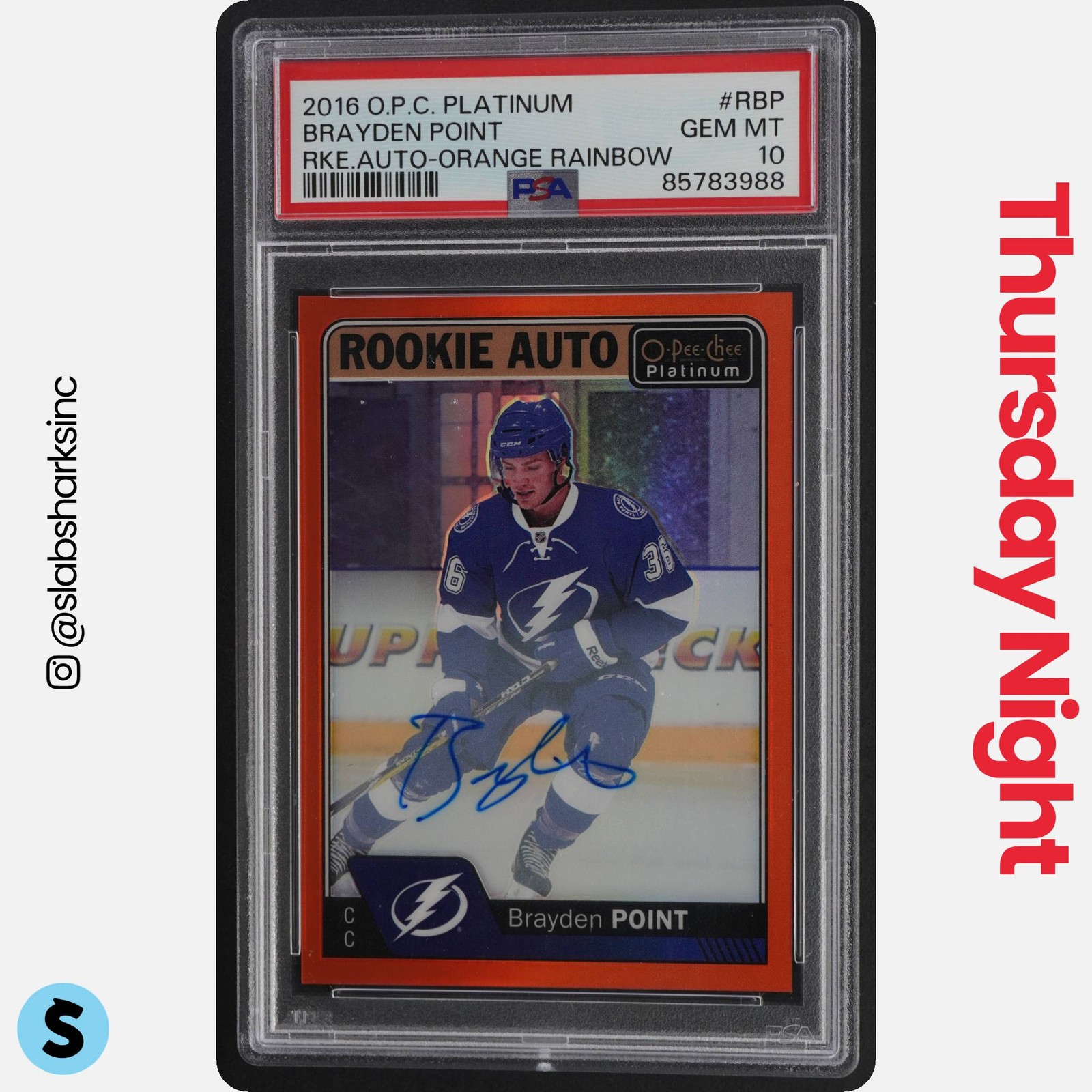 2016 O-PEE-CHEE PLATINUM BRAYDEN POINT ROOKIE AUTO ORANGE RAINBOW RC /15 PSA 10 view 1