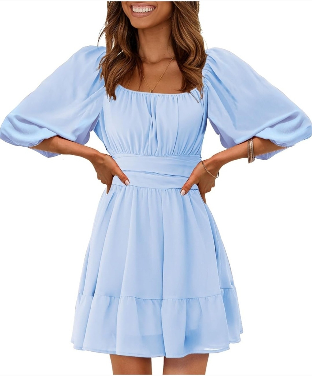 EXLURA Square Neck Off Shoulder Mini Dress Ruffled Tie Back Lantern Sleeve XL