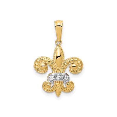 14k bicolor Gold Fleur-de-Lis Anhänger Diamant Akzent Rhodium christliche Halskette