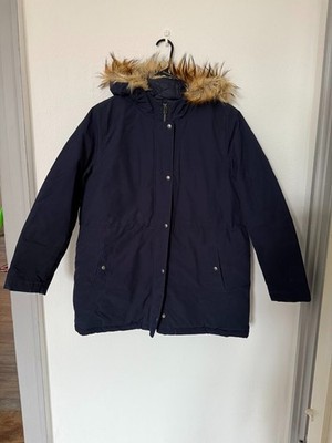J. CREW Parka with Fur Lined Hood Navy Blue Size XL Excellent Condition