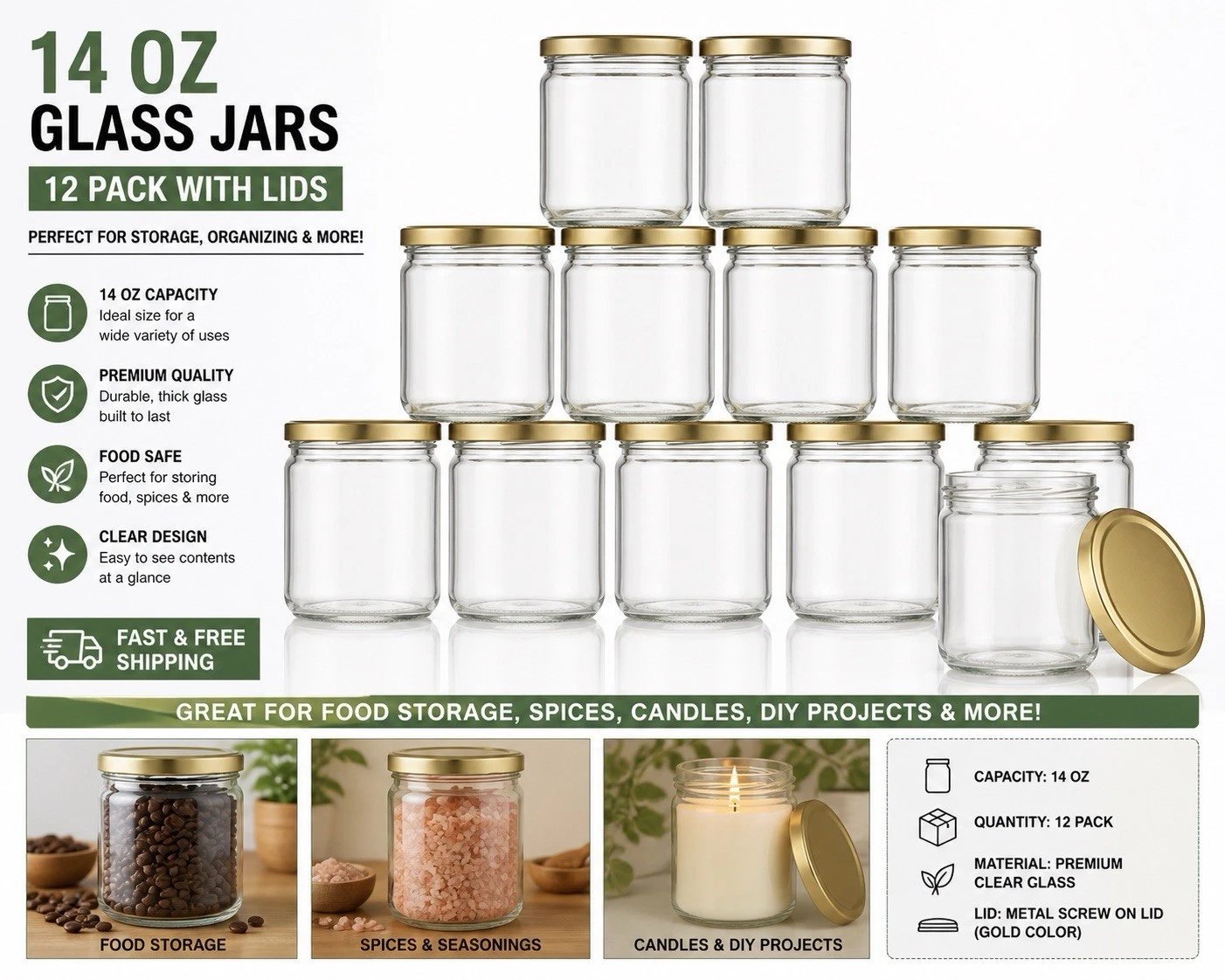 14 oz Glass Jars w/ Lids – Clear Storage Containers 12 Pack Food Storage Candle