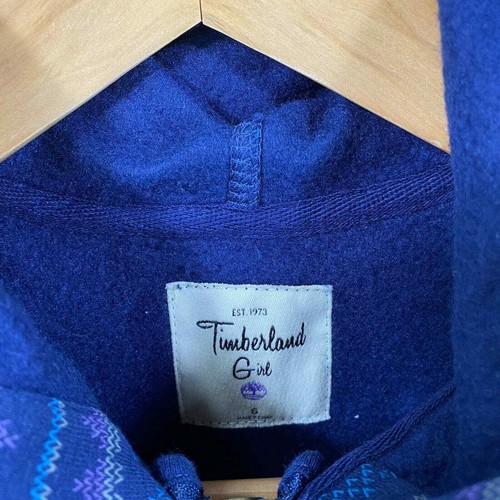 New Timberland Hooded Jacket Blue Fair Isle Heart Print Fleece Lined Girl Size S - Picture 4 of 6