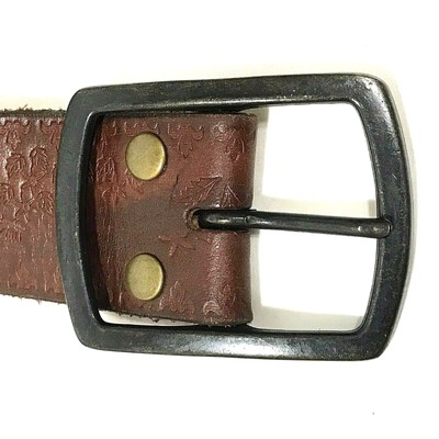 Brutalist Belt Woven Leather 32 - 36 Brown Tooled Flower 
