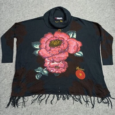 Desigual Pull Femme Oversize XL Bleu Fleurs Paillettes Frange Manches Longues - Photo 1/4