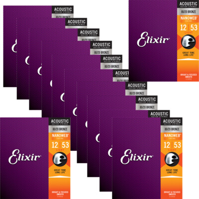Elixir 11052 Nanoweb 80/20 Bronze Light Acoustic Guitar Strings 12-53 (12-Pack)