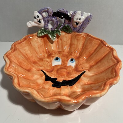 Halloween Candy Dish Pumpkin Ghost Bat - Ceramic Bowl Jack O Lantern - 9.5 