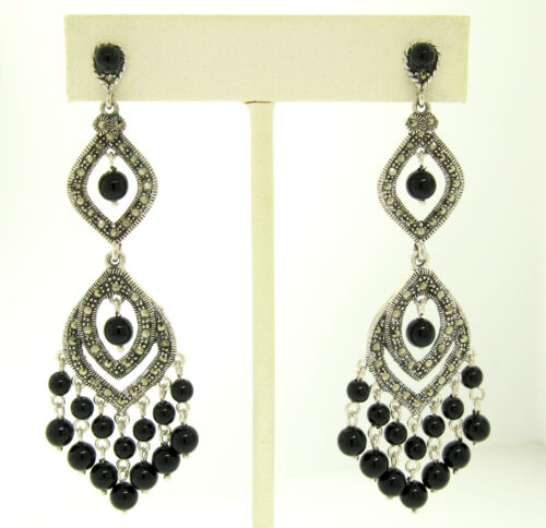 Grandes boucles d'oreilles lustre à angle long noir onyx lustre Marcasite en argent sterling - Photo 1/2