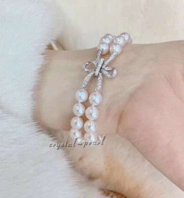 2 ROW AAA 8-7MM SOUTH SEA white PEARL BRACELET Silver CLASP 7.5-8''