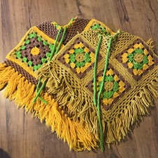 2 Handmade Crocheted Colorful Granny Square Hand Knit Afghan Ponchos 2t. 4t  