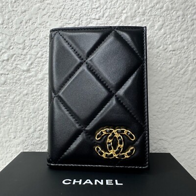 NWT 23A Chanel 19 Classic Passport Holder Card Wallet Black