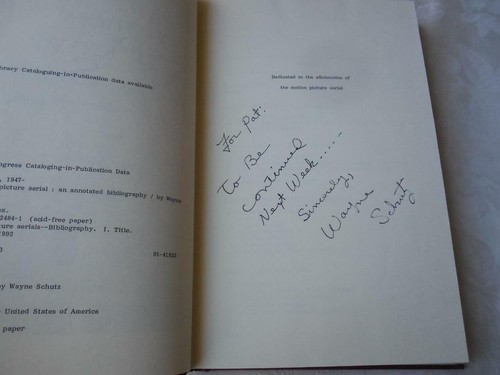 The Motion Picture Serial: A bibliography hand signed by Schultz HB NEW '91 NOIR - Imagen 3 de 3