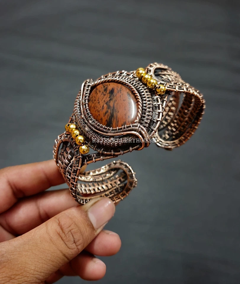 Brazalete Brazalete Brazalete Rojo Piel Serpiente Jaspe Envuelto en Alambre de Cobre Hermoso Brazalete de Piedras Preciosas Foto 3 de 4