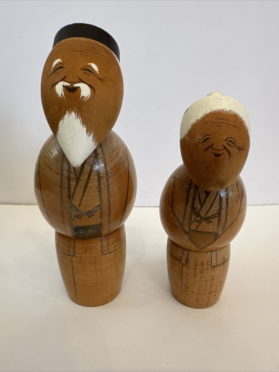 JAPANESE WOODEN KOKESHI OLD MAN AND WOMAN DOLLS HAPPY LIFE