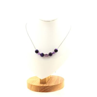 Collier 20 perles Ambre véritable de la mer Baltique + Améthyste du Brésil Chaine en acier inoxydable
