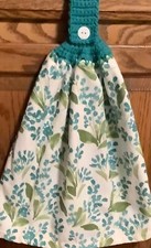 Double hanging kitchen towel flowers spring garden Crocheted teal top