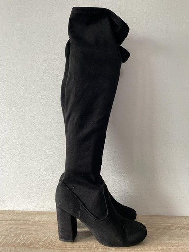 LADIES BLACK FAUX SUEDE SHORT ZIP PULL ON OVER KNEE BOOTS UK SIZ 5 EUR 38 K21 - Picture 2 of 7