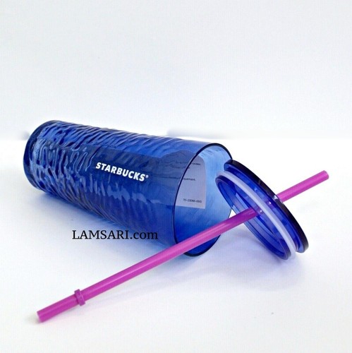 Starbucks Summer 2021 Blue Wavy Textured Glass Tumbler Pink Straw 18 oz - Picture 2 of 4