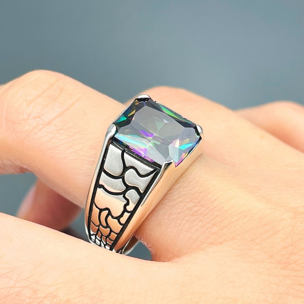 Simulated Mystic Topaz Stone Ring Mens, 925K Sterling Silver