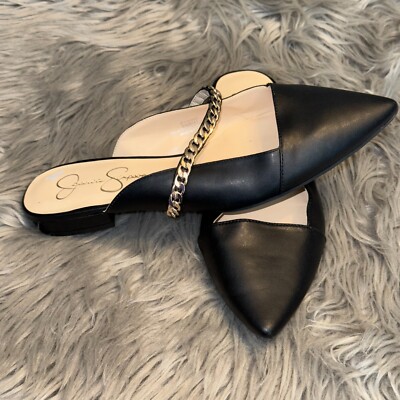 EUC Jessica Simpson Loussie Mule Black Jewel Chain Link Vamp Size