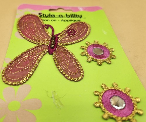 3pc Style-a-bility Iron-on Applique 3" Butterfly and Flowers, Pink & Gold, NEW - Picture 3 of 9