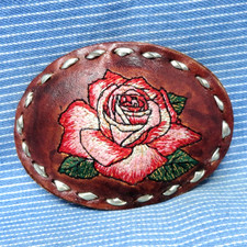 Country Rose Embroidered Leather Belt Buckle Western Demure Cowgirl Vtg .CPA660