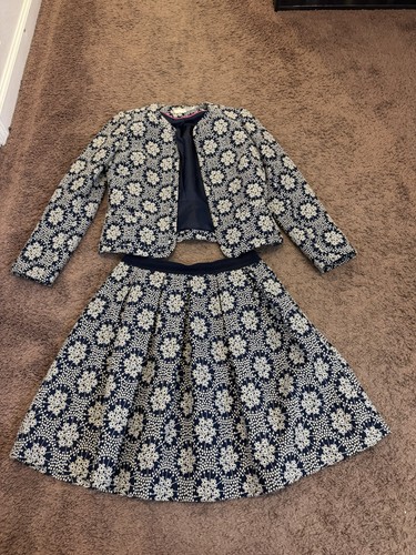 Boden blu bianco gonna ricamata giacca tuta vestibilità svasata linea A tweed floreale 8 - Foto 1 di 9