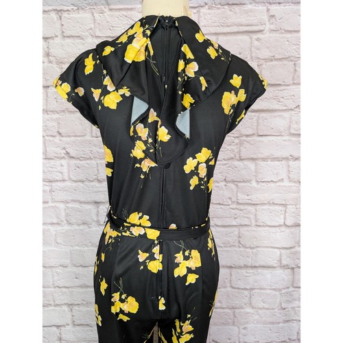 Vintage 70's Jumpsuit- Black and Yellow Floral Print Knit - Wide Leg Size Small - Picture 5 of 10