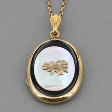 Vintage JMF Co Gold-Filled Mother of Pearl Enamel Chrysanthemum Locket Necklace