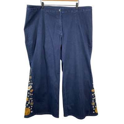 The Pyramid Collection Womens Flower Embroidered Flare Jeans 2X Blue High Rise