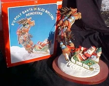 JAIMY - UP UP & AWAY - 8" Santa & Reindeer FIGURINE - Hand-Painted/Wood Base/Box