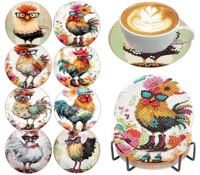 croshom 8 Pieces Diamond Art Coasters Kit, 3.9x3.9in(10x10cm), Chicken