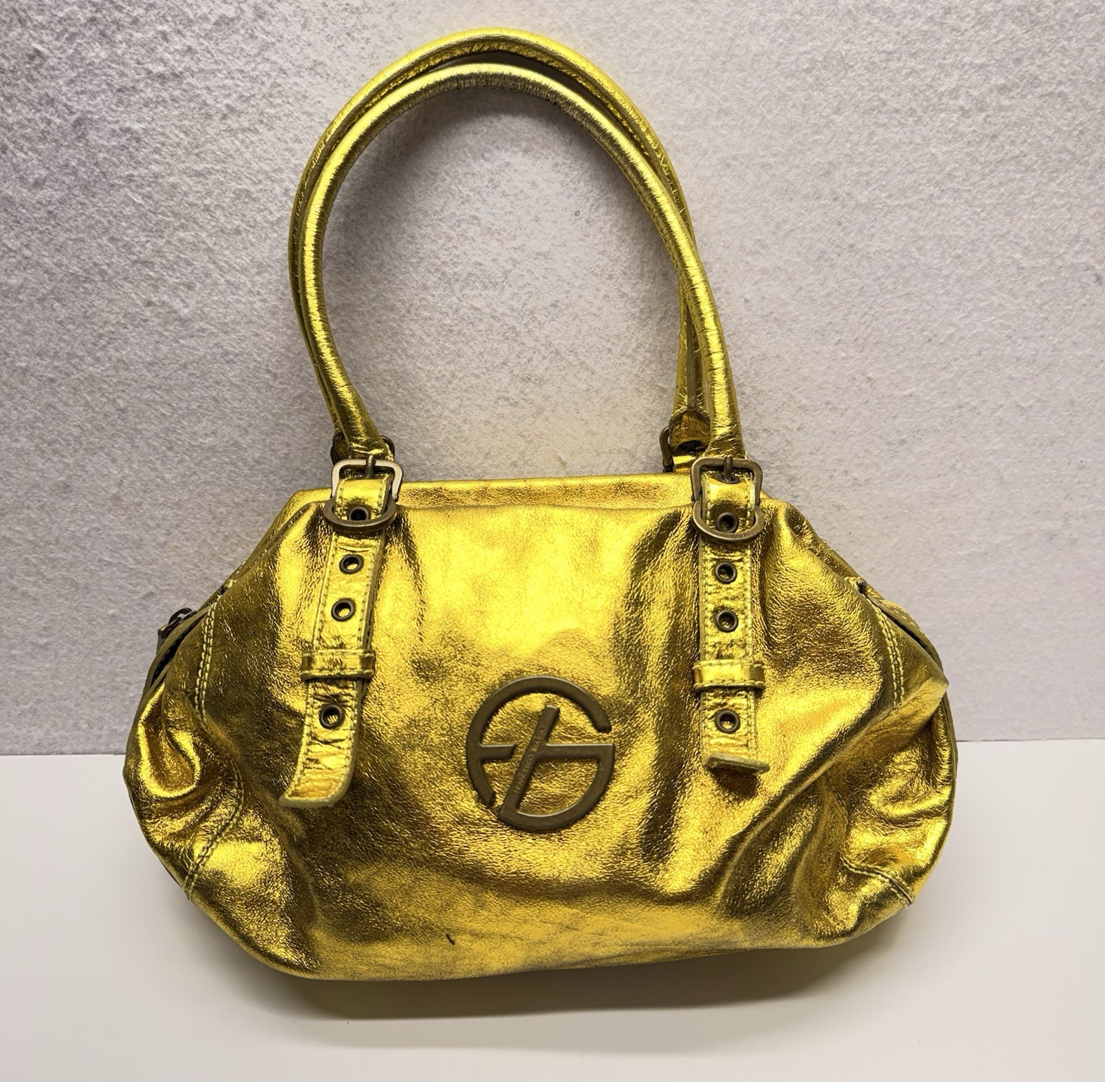 FRANCESCO BIASIA Vintage Metallic Gold Leather Shoulder Bag Satchel Y2K Slouchy