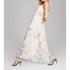 Vince Camuto Watercolor Abstract Print Maxi Dress Ivory Pink Blue Women's 6 EUC