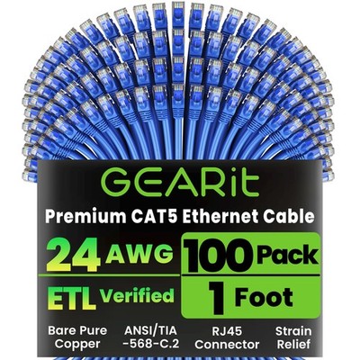 100-Pack, Cat5e Ethernet Patch Cable 1 Foot - Snagless RJ45 Computer LAN Netw...