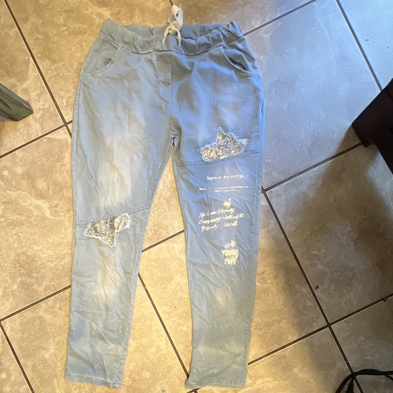 Grey Violet Women’s Blue Sequin Star Jogger Pants w/ Pockets, Size L