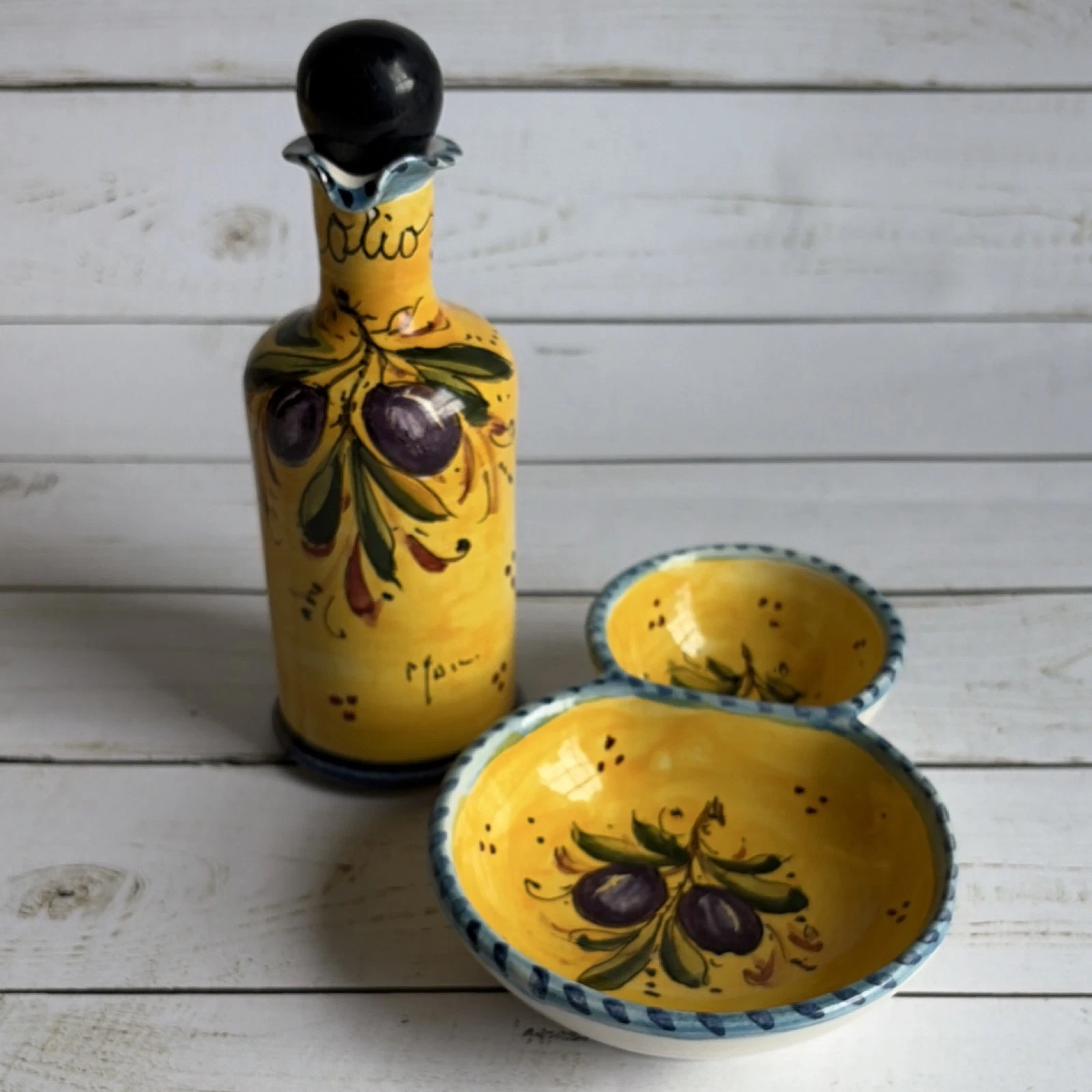 Hand Painted Ceramic Olive Oil Bottle & Dish Set from Firenze (Florence) Italy.