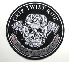 🔥*LARGE* GRIP TWIST RIDE BIKER BY CHOICE SKULL BIKERS EMBROIDERED IRON ON PATCH